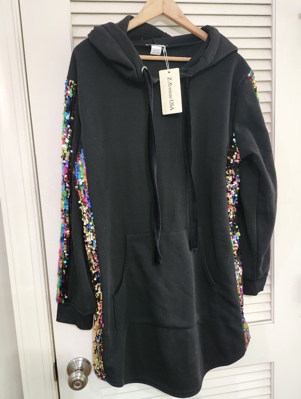 Z Avenue Black Hoodie Sweater Dress With Side Sequins New With Tags